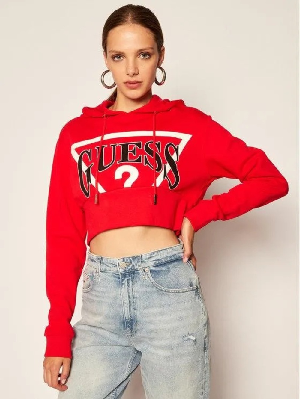Guess Red Cropped Logo Hoodie - Women's Sweatshirt